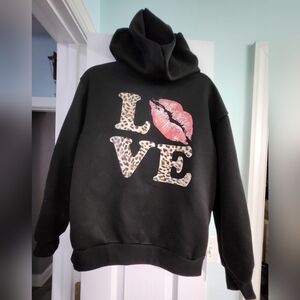 Shein Black Hoodie with Leopard Print LOVE (MED)
